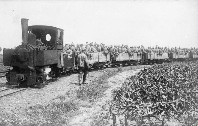 Q 45543 Troops going up to the forward area by light railway  Menin.jpg