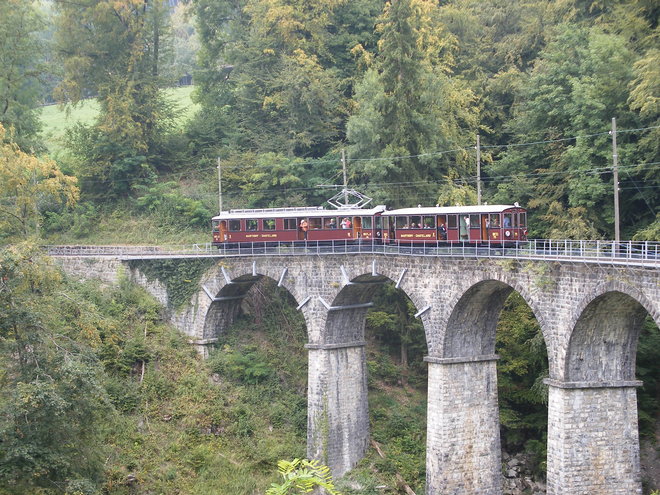 Voiture pilote 75 poussée par l'automotrice 15 T.N.T. sur le viaduc de la ligne du Blonay-Chamby.JPG