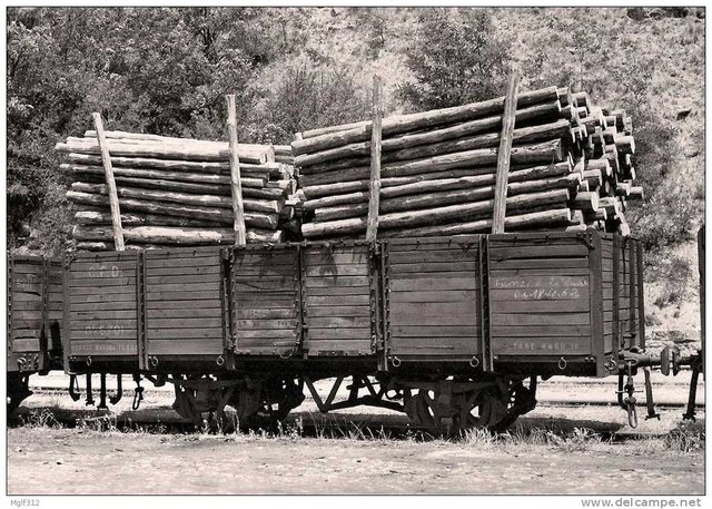 Chemin de Fer DÃ©partementaux de LOZERE BVA 661-9 Tombereau chargÃ© de bois Ã  FLORAC le 09-07-1962.jpg