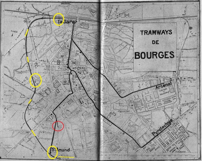 127 - Plan_Tramway Bourges_1928 Scanné par Claude_Villetaneuse — Annuaire des Chemins de fer et des Tramways (ancien Marchal)  Édition des réseaux français, Paris, 1928, 43e éd.,.jpg