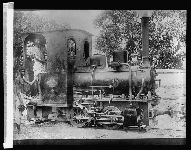 Small locomotive used to draw cane cars 2 ft. gauge, India.jpg