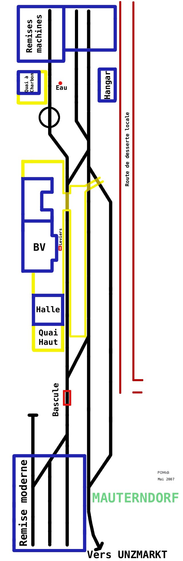 Plan shématique de la gare de Mauterndorf, situation Août 2006 avant travaux d'ajonction de voie dans la zone de la remise moderne