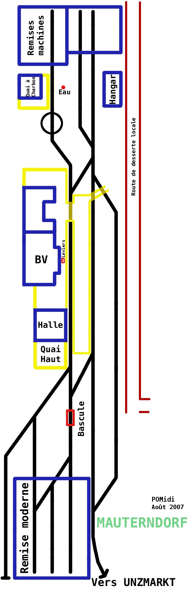 Plan shématique de la gare de Mauterndorf, situation Août 2007 après travaux d'ajonction de voie dans la zone de la remise moderne