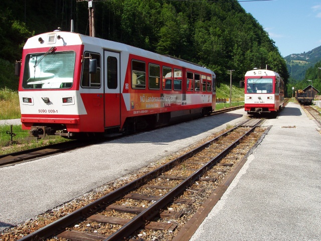 Croisement en gare d'Opponitz du 5090.009 et du 5090.012. Au fond des grumiers emblématiques du trafic marchandise